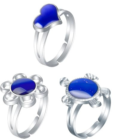 NYGGTYK 3 anelli regolabili, cambio colore, design creativo, tartaruga, fiori, cuore, metallo, pietra preziosa artificiale blu