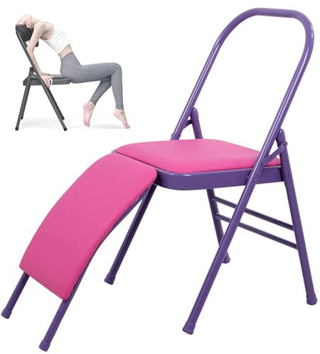 RVUEM Klappstuhl Ohne RüCkenlehne, Yoga Hilfsstuhl, Professioneller Verdickter Klappstuhl, Mit LordosenstüTze, Balance Handstand TrainingsgeräT, Gegen RüCkenschmerzen,Lila,PU
