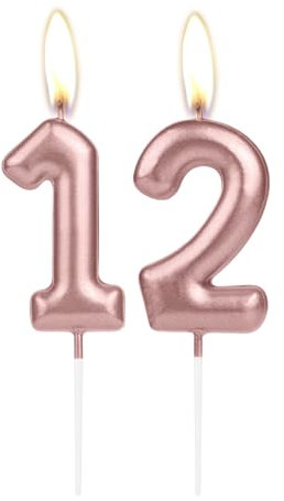 Sparkling Light Rose Gold 12nd Birthday Number Candle, Rose Gold Number 12 Cake Candle, Birthday Cake Topper Cupcake Girl Boy, Wedding Anniversary Decoration