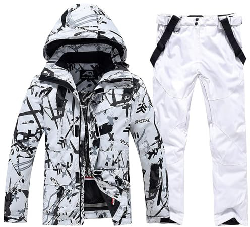 ALSOGO Herren Skianzug Ski Jacke und Hose Set Wasserdichter Schneeanzug Snowboard Jacke Hose Skikleidung Für Männer BBW-Weiß 2XL