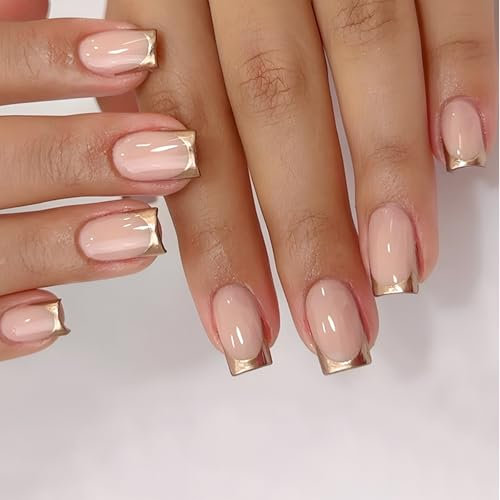 Calkrer - Lot de 24 faux ongles à pression - Couleur or - Taille moyenne - Couverture complète - Colle gel et lime à ongles
