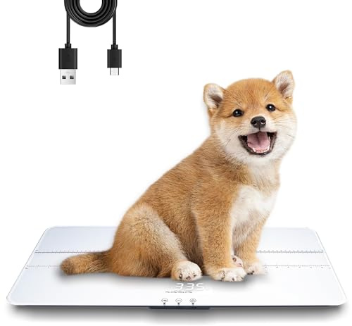 UNIWEIGH Digitale Haustierwaage,220 lbs/10 g Genauigkeit,für Hunde/Katzen | 3 Wägeeinheiten/Tara/Haltefunktion für Haustiere, aus gehärtetem Glas, USB-Aufladung, große LED-Bodenwaage, weiß