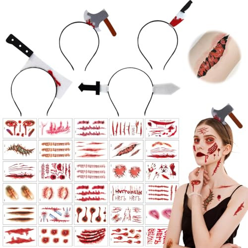 XLZJYIJ 4 Stück Halloween Horror Haarreif, Halloween Grusel Accessoires mit 30 Halloween Tattoo Narben, Horror Haarreif Set, Halloween Messer Haarband für Fasching Karneval Kostüm Party Cosplay