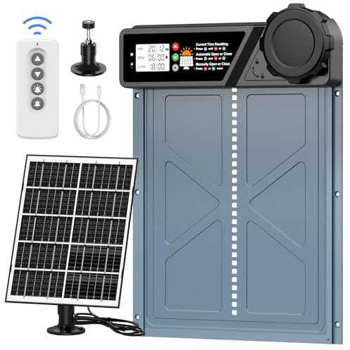 CHAMUTY Grande Taille Porte Poulailler Automatique Solaire, Porte Automatique Poulailler en Aluminium avec 7W Panneaux Solaires, Minuterie, Affichage LED, Télécommande, Deux méthodes de Chargement