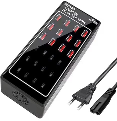 USB Charging Station, USB C Ladegerät, Multi Charger 24-Port 100W (20A) Ladestation Schnellladegerät für Mehrere Geräte Power Hub, für Smartphones/Tablets/Galaxy S25/S24/iPhone/Google