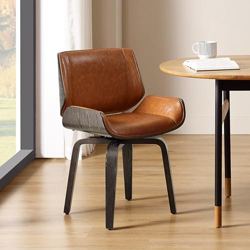 Zouron Chaise pivotante(360°,Lot de 1,Chaise de Bureau,Chaise à Coussin Souple en Simili Cuir (avec Pieds en Bois),Chaise de Cuisine, Chaise de Salle à Manger, Style Moderne du Milieu du siècle,Brun