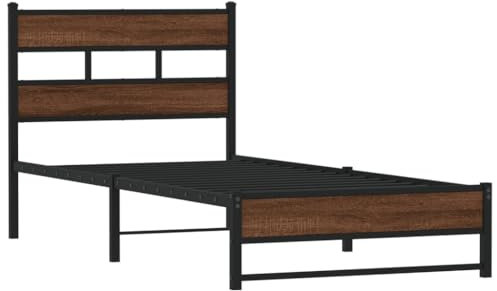 vidaXL Metallbett, Bett ohne Matratze mit Kopfteil, Bettgestell mit Lattenrost, Einzelbett für Schlafzimmer, Braun Eichen-Optik 90x200cm