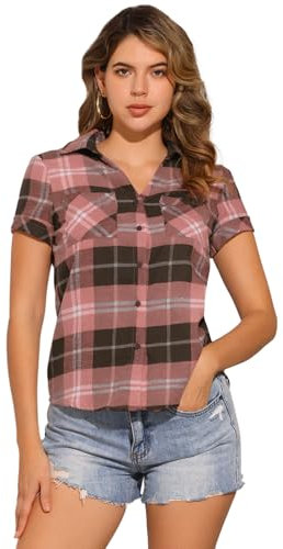 Allegra K Chemise boutonnée à Carreaux décontractée pour Femme Rose Marron M