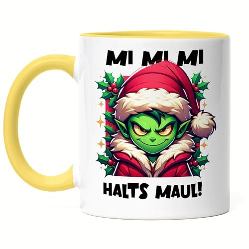 Hey!Print Mi Mi Mi Halts Maul Tasse gelb Anti Weihnachten Ich hasse Weihnachten