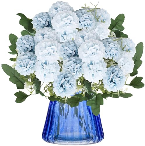 astylishome Faux Flower Arrangements Blue Artificial Chrysanthemums Heads Ball Flowers Silk Chrysanthemum Ball Bouquet Hydrangea for Home Office Coffee House Parties and Wedding Light Blue 3209