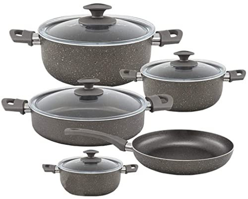 YJKKZQLB Juego de 9 sartenes y Utensilios de Cocina de Granito Negro Juego de ollas de Granito Juego de ollas de Color Gris Oscuro Juego de Utensilios de Cocina Negros