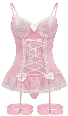 Foxiny Sexy Mesh Corsetto Volant Pizzo Ferretto Puro Giarrettiera Cintura Babydoll Lingerie Set Con Perizoma 3 Pezzi Donne, Rosa, X-Small