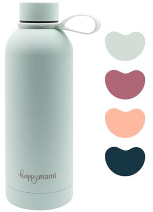 HappyMami, Termo Liquidos Bebe 500ml,Botella Acero Inoxidable, Cierre Hermético con Rosca, Incluye Asa para Transporte, Doble Pared Interna para Mantener Temperatura (Celeste Pastel)