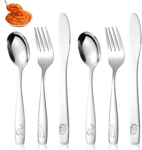 Kasoud Childrens Cutlery Set, Stainless Steel Kids Utensils, Kids Cutlery Knife and Fork Sets, Dishwasher Safe Including 2pcs Fork+2pcs Safe Dinner Knives+2pcsTable Spoons, Dinosaurs Ngraved Design