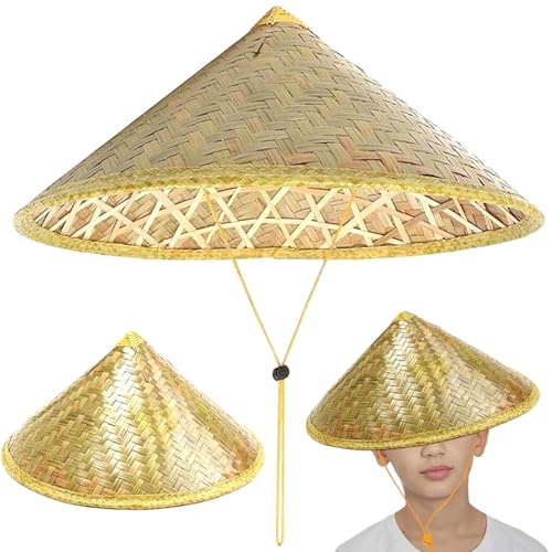Rwigeboo Rice Hat, Chinese Oriental Conical Bamboo Hat with Adjustable Rope, 14 Inch Weave Rice Straw Tourism Rain Cap for Farmer Fishing, Light Yellow Bamboo