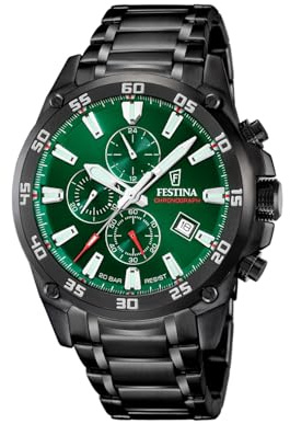 Festina Herrenuhr Chronograph aus Edelstahl 316L Schwarz | Quarzuhr, Kalender, Widerstandsfähiges Glas, Wasserdicht 20 ATM, F20735/2, Timeless Chronograph