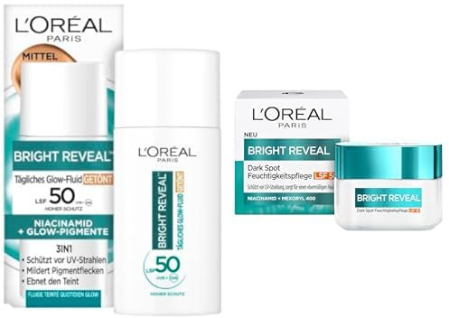 L'Oréal Paris Set: Bright Reveal Getöntes UV-Fluid, LSF 50 mit Glow-Pigmenten, 50 ml und Bright Reveal Dark Spot UV-Feuchtigkeitspflege, Anti-Aging, mit LSF 50, 50 ml