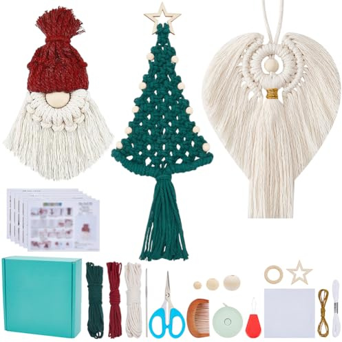 FREEBLOSS 3 Set DIY Makramee Set Für Weihnachten Für Anfänger Weihnachtszwerg/Baum/Engel Hängende Ornamente Zum Aufhängen An Der Feiertagswand Mit Anleitung