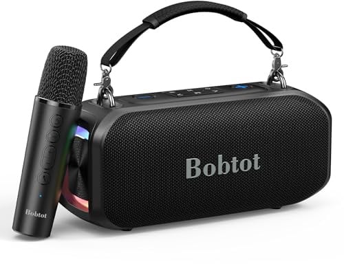 Bobtot Portable Karaoke Speaker for Adults, With Wireless Microphone, Black | Small Size Singing Machine, Bluetooth Speaker with Punchy Bass, Magic Sound Voice, RGB Ambient Lights