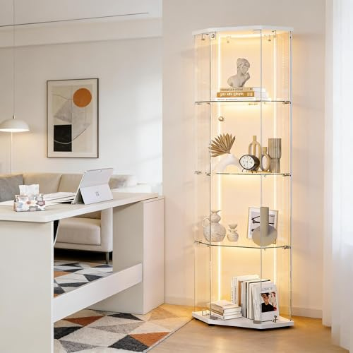 PerGar Vitrine en verre debout avec LED, vitrine d'angle avec portes en verre, armoire à 4 niveaux, vitrine d'armoire, serrure, pour salon, chambre à coucher, bureau (barre lumineuse LED, blanc)