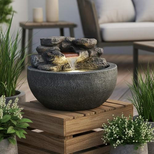 Runder Gartenbrunnen & Zimmerbrunnen TP3004 Ø42 cm – Kompakter Wasserfallbrunnen in Steinoptik mit warmweißer LED Gartendekoration