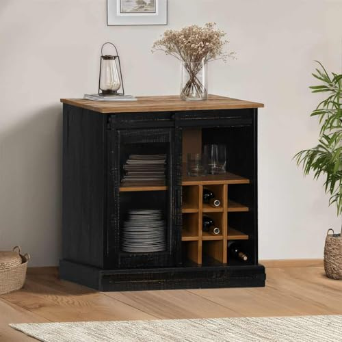 XHNIFBN Halden - Buffet noir - 80 x 40 x 80 cm - Bois massif avec porte coulissante et 9 porte-bouteilles - Design moderne - Étagère en bois robuste - Pour salon, chambre à coucher, couloir