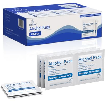 LINKFAR Alkoholtupfer, Reinigungstücher 70% Isopropanol, 400 Stück | Einzeln verpackte Tücher für Hautpflege, Brillen und Oberflächen, Größe 3 x 6 cm