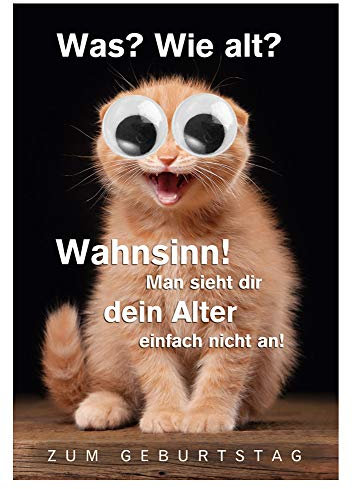 KE - Glückwunsch-Karte zum Geburtstag, Wackelaugen Design, mit Umschlag, DIN B6, lustige Geburtstagskarte mit Kulleraugen Mann Frau, Motiv: Katze