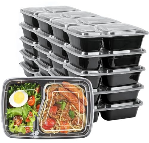 HENSHOW 2 Compartiment Boite Repas Lot de 20Pcs, 1000L Prime Réutilisable Sans BPA Boite à Lunch Micro Onde, Congélateur et Lave-vaisselle Sûr