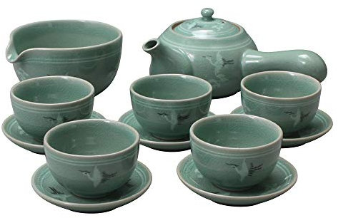Korean Style Celadon Porcelain Crane Bird Cloud Design Tea Ceremony Complete Service Gift Set Ceramic Pottery 11.8 oz (350ml) Side Handle Tea Pot Cups Saucers Teapot Pitcher Bowl for Cooling Hot Water