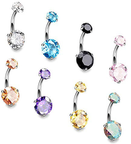 YIQI Anelli per ombelico in acciaio chirurgico 14G zircone cubico rotondo Piercing per il corpo del perno (4 pezzi)