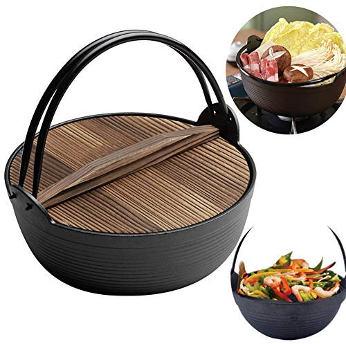 Uniquel Sukiyaki Pot, Poele Fonte Naturelle Cocotte en Fonte Wok Induction Appareil Fondue Chinoise avec Couvercle en Bois pour Cuisine Bibimbap Porridge Soupe Nouilles, 4 Tailles25cm