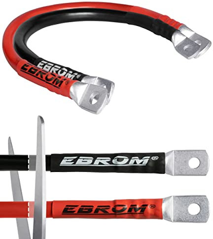 EBROM Batteriekabel rot + schwarz 12V / 24V, 30cm bis 5m, Querschnitt: 10 mm² Stromstärken bis 61A mit 2xM8 Kabelschuh/Ringösen für Versorgungsbatterien und Traktionsbatterien - 10mm2, Länge: 30 cm