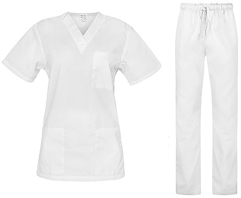 B-well Cesare Unisex-Schrubb-Set Schlupfkasack + Schlupfhose Set Medizin Arzt Uniform Schlupfjacke Oberteil mit Hose Medizinische Berufsbekleidung Weiß M