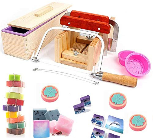 JasCherry 7 Stück Pinie Holz Verstellbar Seifen Slicer Gießformen Spree Set - Handgefertigt Holz DIY Seifenschneider Werkzeug Kit Einstellbare Box + 3 Edelstahl Schnittmesser + 2 Seifen Silikonform #8