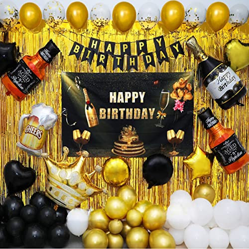 Decoraciones de feliz cumpleaños para hombres, 105 piezas, suministros de fiesta de cumpleaños de oro negro para niños con pancarta de cumpleaños, globos de aluminio de estrella y botella de vino,