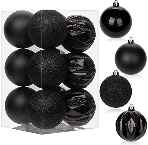 8CM Weihnachtskugeln Ornamente Glitze, 12 PCS bruchsicher Weihnachten Kugeln, Kunststoff Weihnachten Kugeln, Hängen Christbaumkugel Schwarz fur Weihnachtsbaum Neujahr Ornamente