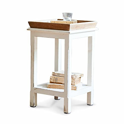 Loberon Beistelltisch Vieille, echte Handarbeit, abnehmbares Tablett, White-Washed-Effekt, Abstelltisch, Mangoholz, weiß/braun