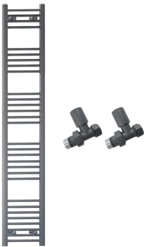 300mm Wide Straight Anthracite Grey Heated Bathroom Towel Rail Radiator with Straight Valves for Central Heating UK 300 x 1700 mm (h) 622 Watt
