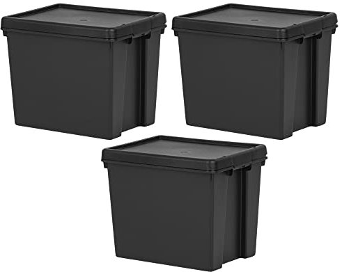 (Set of 3) 24L Litre Black Bam Recycled Heavy Duty Plastic Storage Box with Secure Lid Stackable and Nestable Storage Containers Organizing Basket Great For Home & Office Storage Solution