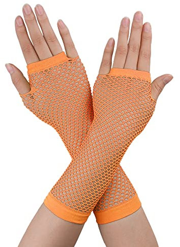 sourcing map Damen Fingerlose Mesh 1980er Fancy Party Kostüm Accessoires Netzhandschuhe Orange Lang-1 Paar