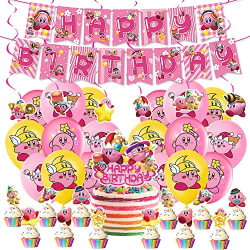 39 Pieces Kirby Star Party Supplies, Kirby Birthday Party Decorations, Kirby Party Decoration Set Happy Birthday Banner Balloons Hanging Swirl Cake Topper Cupcake Decorations for Children's Party