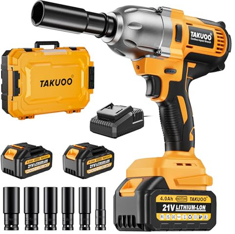 Takuoo - 1/2 Brushless Impact Wrench, Max Torque (1000N.m), 740 ft lbs Electric Impact Gun with 2 x 4000mAh Batteries, Charger and 6 Sockets, Impact Driver