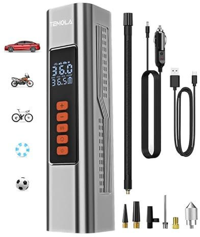 TEMOLA Compressore Aria Portatile, 150PSI Compressore Aria Portatile Auto con Manometro Digitale, Mini Compressore Portatile per Pneumatici Auto, Compressore 12v con Luce LED per Auto Moto Bici