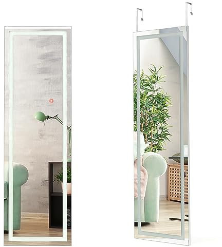 HOMASIS 2 in 1 Ganzkörperspiegel mit verstellbaren LED Lichtern, 120 x 37 cm Wandspiegel mit Hängehaken, Explosionsgeschützter Türspiegel, dimmbarer Spiegel für Schlafzimmer, Wohnzimmer & Flur, Weiß