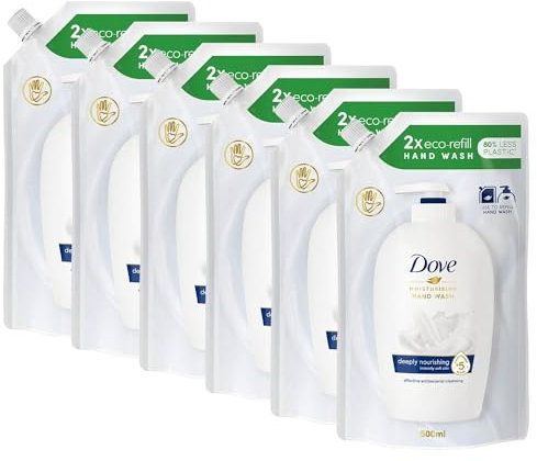 Dove Moisturising Eco-Refill for Liquid Hand Wash Effective Antibac Cleansing for 24H Nourishment and Instantly Soft Skin 500ml, 6 Pack