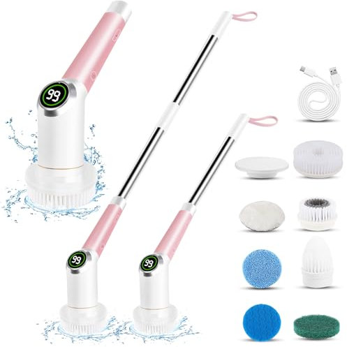 ConBlom Brosse de nettoyage électrique pour salle de bain, 7 en 1, brosse de nettoyage électrique domestique avec tige télescopique, 3 vitesses/affichage numérique, brosse électrique pour le nettoyage