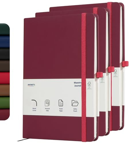 Infinity Notebook Journal, A5 Maestro Liniertes Papier Journal Notizbuch, 80 GSM Liniertes FSC-bewertetes Papier, Hardcover, klassische Schreibtagebücher, Tagebuch mit Gesäßtasche, Stifthalter, 3