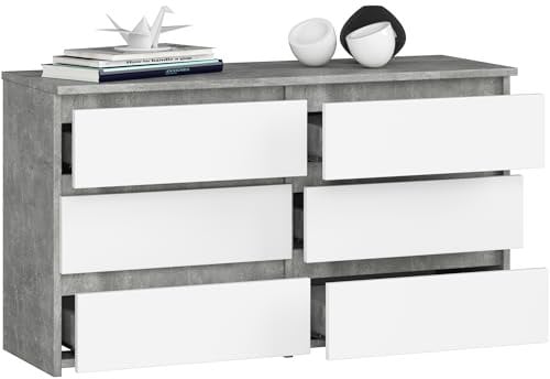 BDW - Kommode mit 6 Schubladen - 100 cm breit, 57 cm hoch - Schrank, Sideboard, Mehrzweck-, Schuhschrank, Schubladenkommode, Aktenschrank - Wohn-, Schlafzimmer, Flur - Beton/Weiss