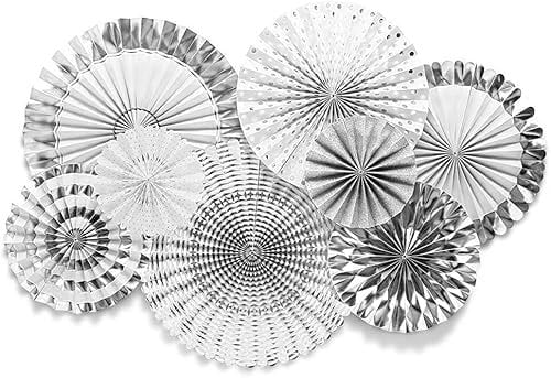 GAKA FAVOR Set of 8 Party Decorations Silver White Paper Fans for Party Wedding Birthday Holiday Christmas Event Carnival Hanging Paper Fan Decoration